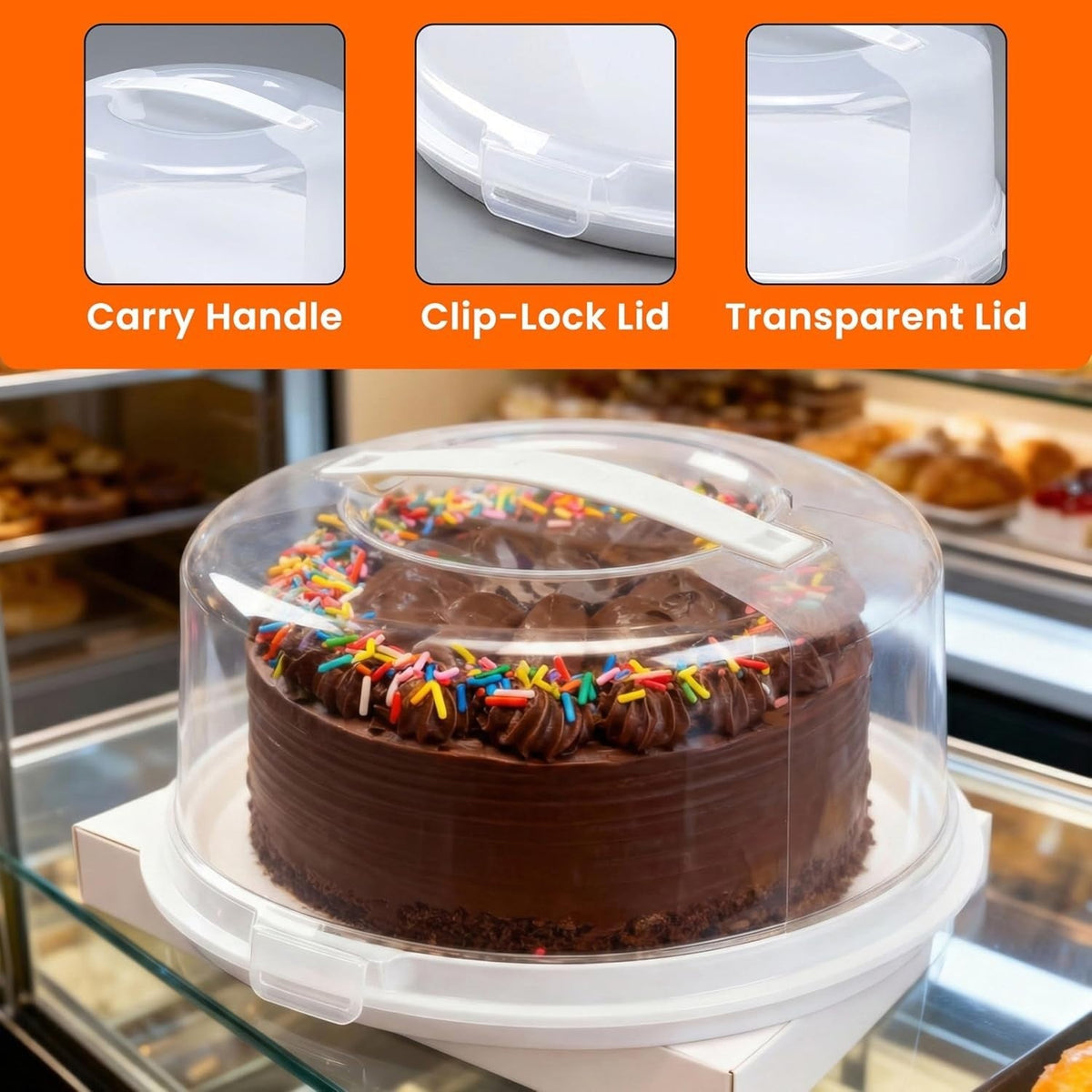 Cake carrier with secure locking clips for cake transportation