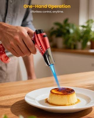 Crème brûlée torch caramelizing sugar on dessert