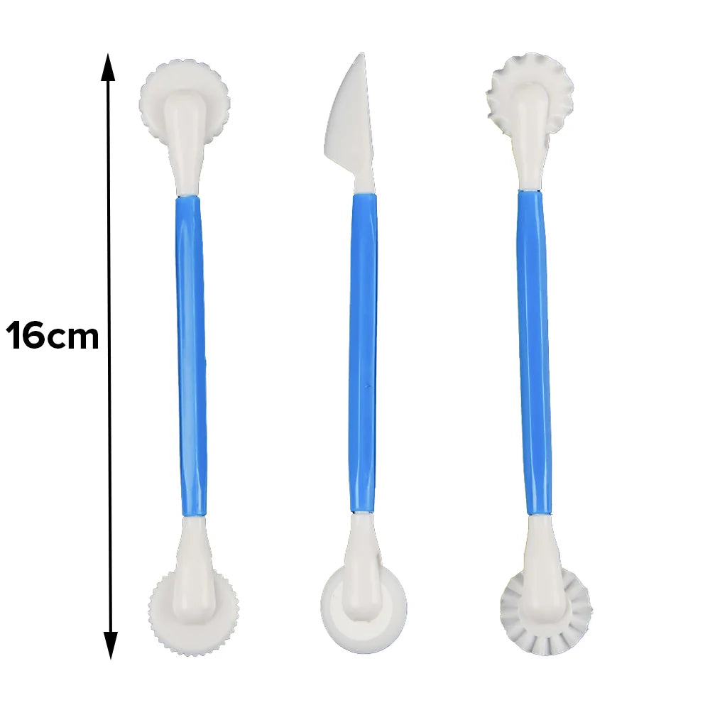 Three white and blue cleaning tools shown on a white background, with a vertical 16cm measurement marker on the left. The set includes a scrubber, a knife, and a dual-sided scrubber brush.