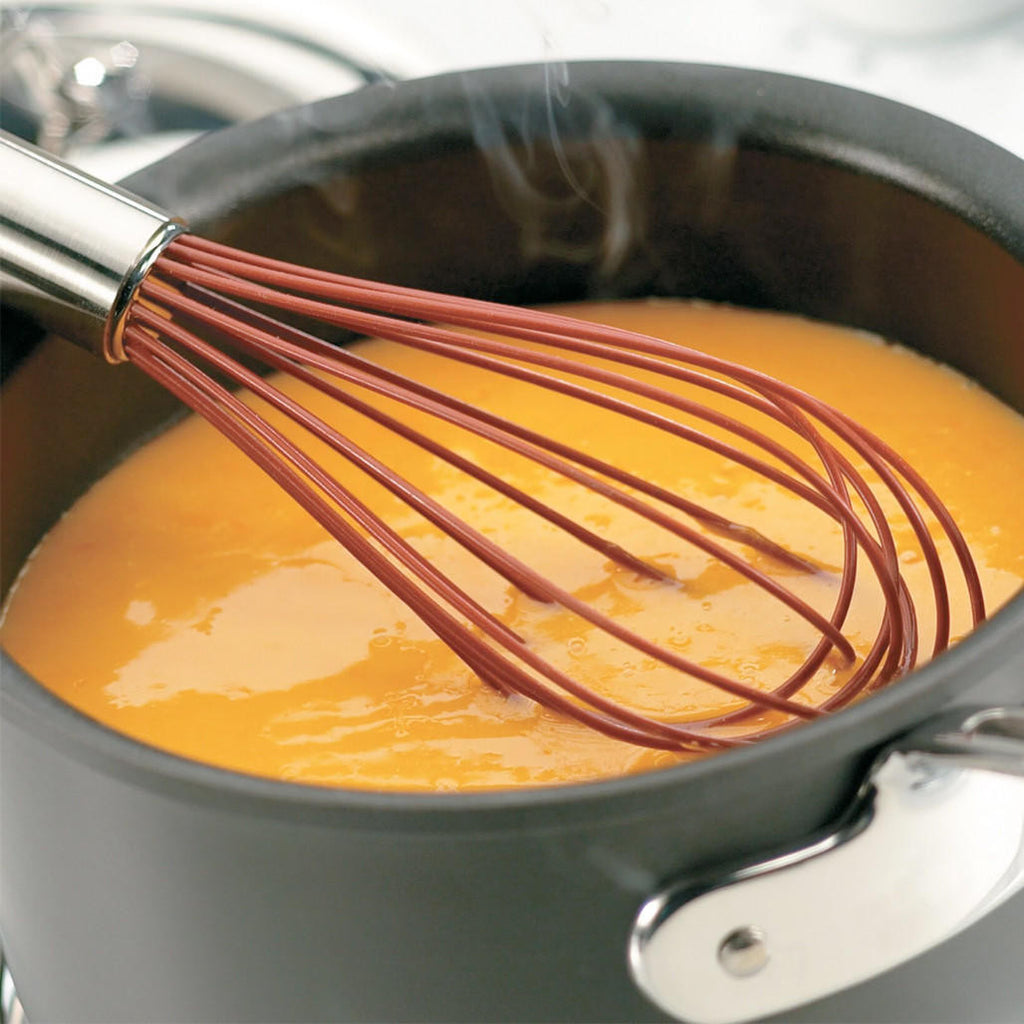 Food-grade silicone-coated wire whisk for non-stick cookware, sauces and gravies