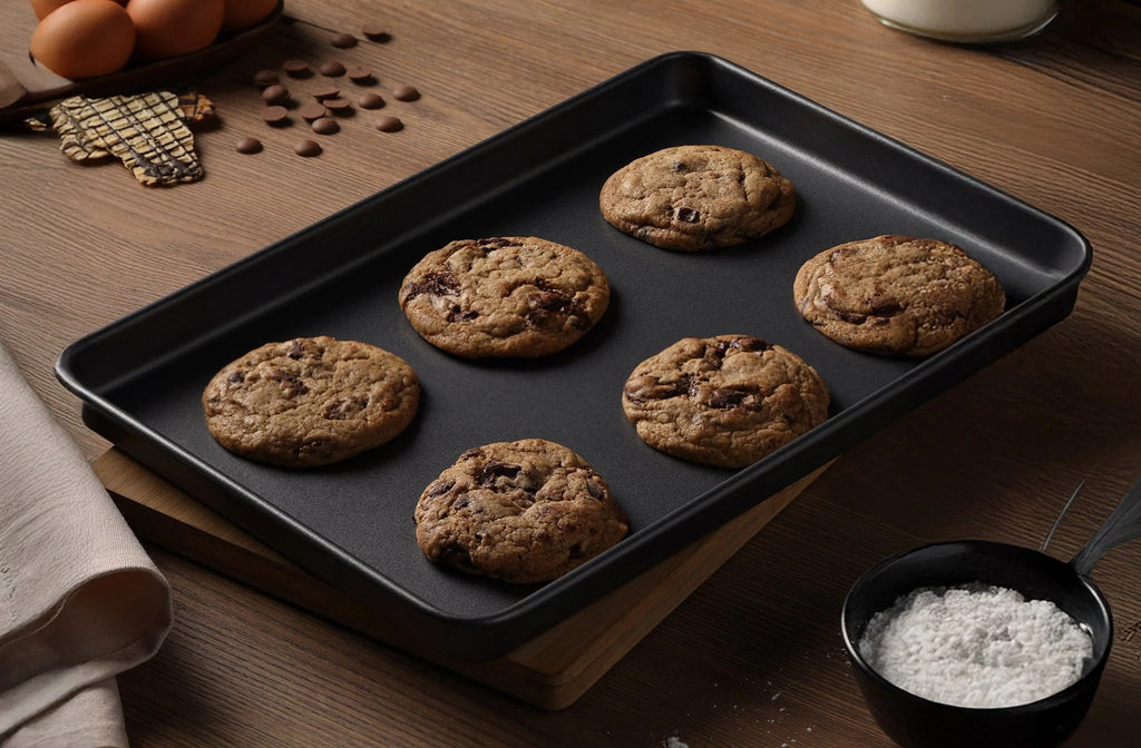 Freshly baked cookies on a non-stick baking sheet