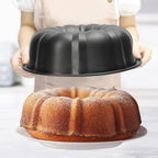 Golden Bundt cake baked in a fluted tube pan