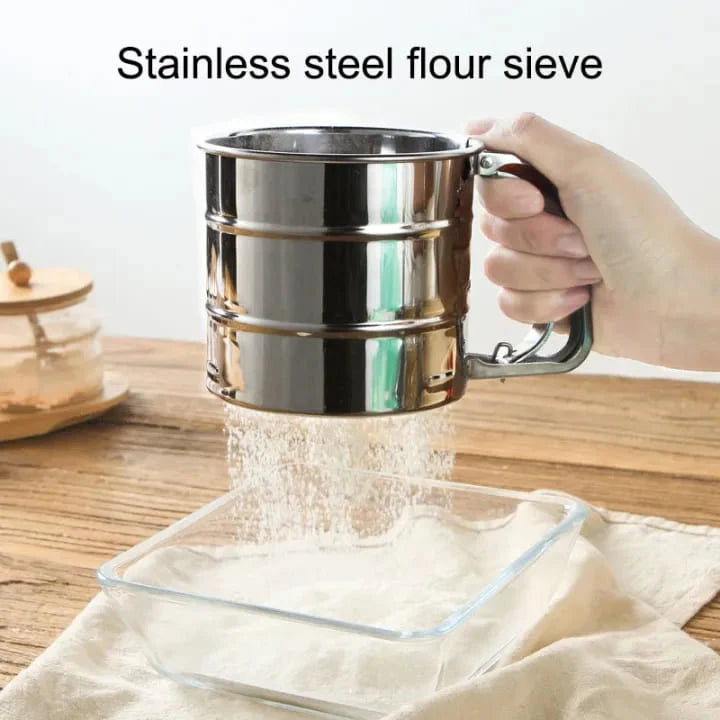 Large fine mesh flour sifter for baking ingredients