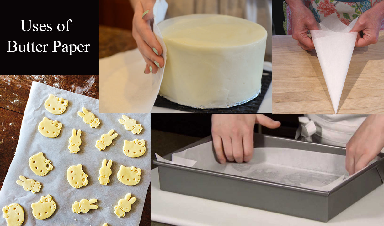 Non-stick butter paper lining a cake baking pan