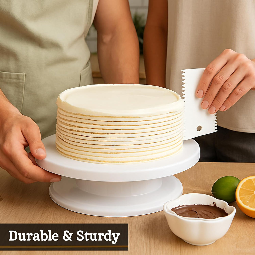 Rotating cake turntable for smooth cake decorating