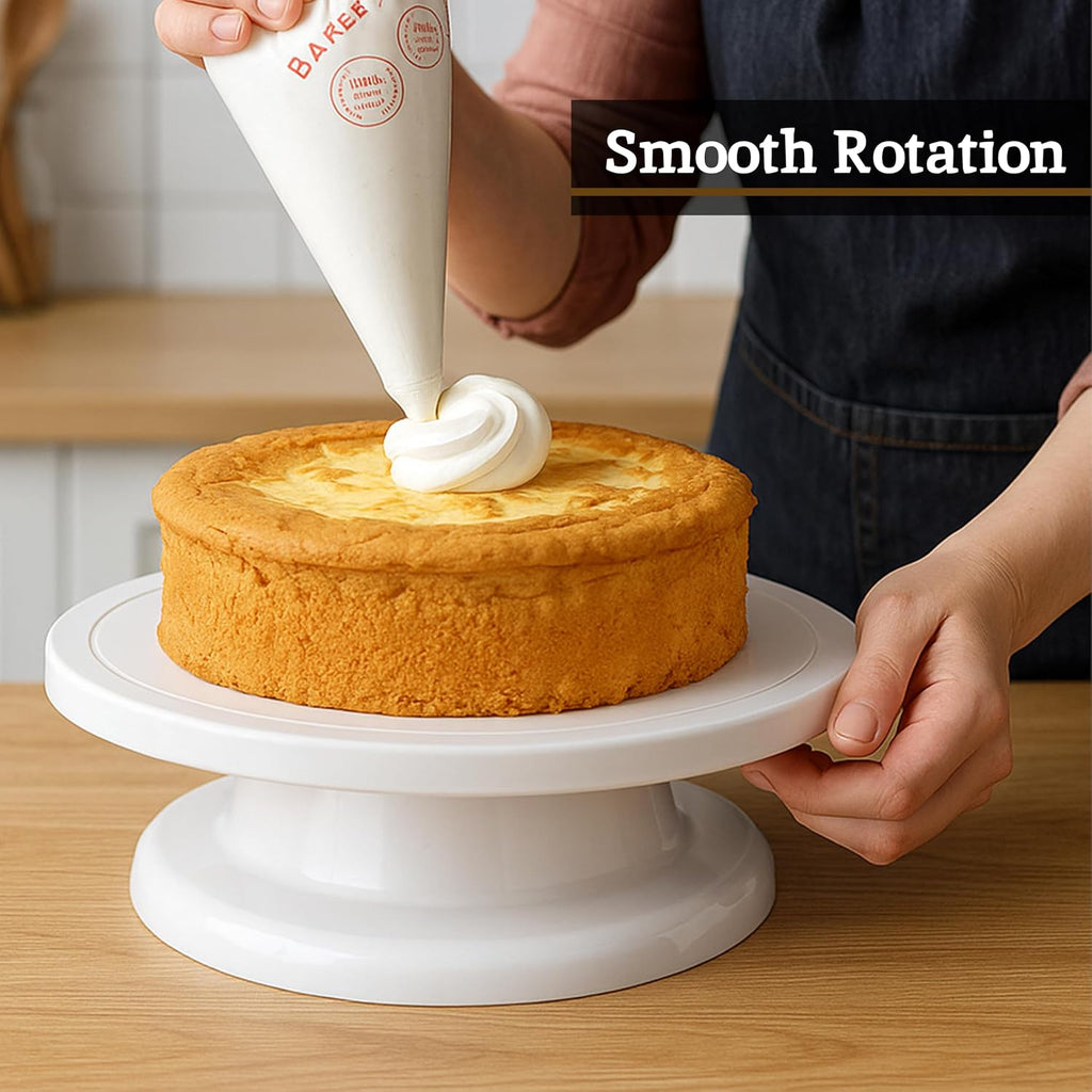 Rotating cake turntable with white plastic decorating surface
