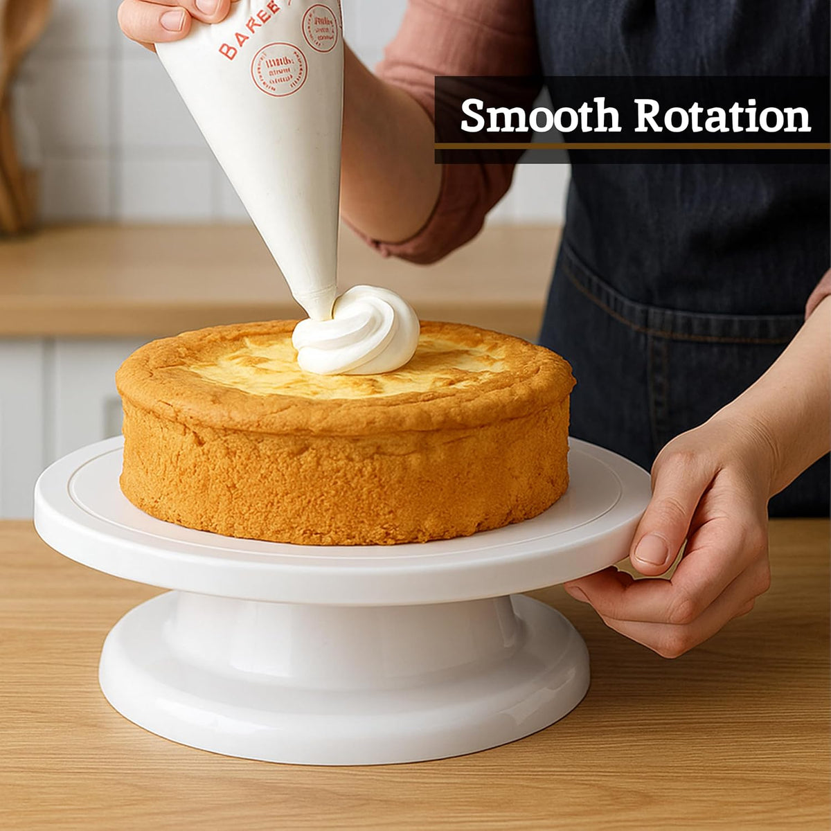 Rotating cake turntable with white plastic decorating surface