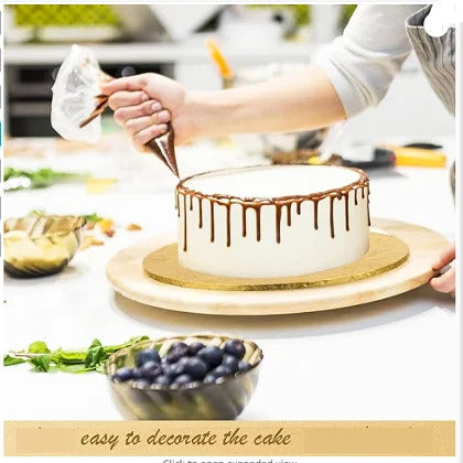 Round cake board supporting a decorated cake