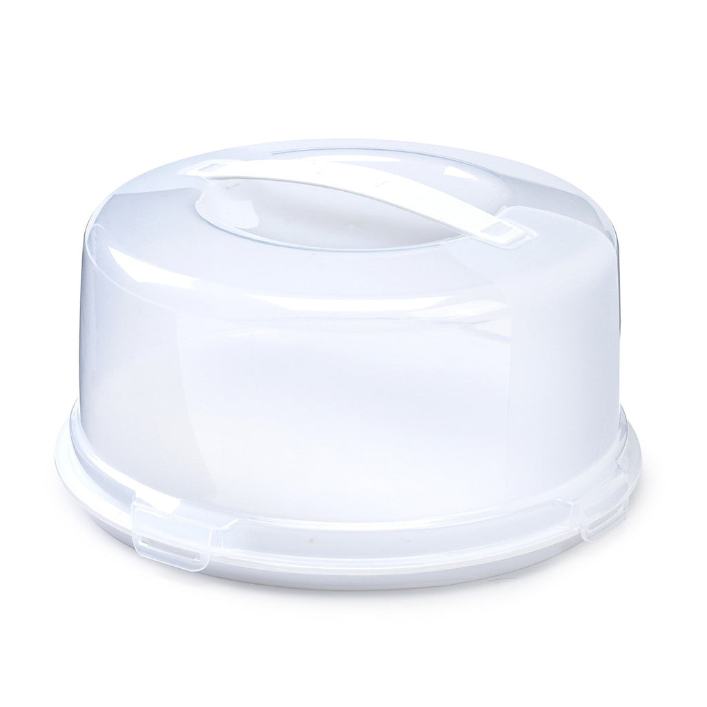 Round plastic cake carrier with storage dome and handle