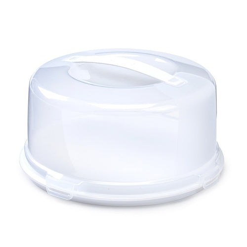 Round plastic cake carrier with storage dome and handle