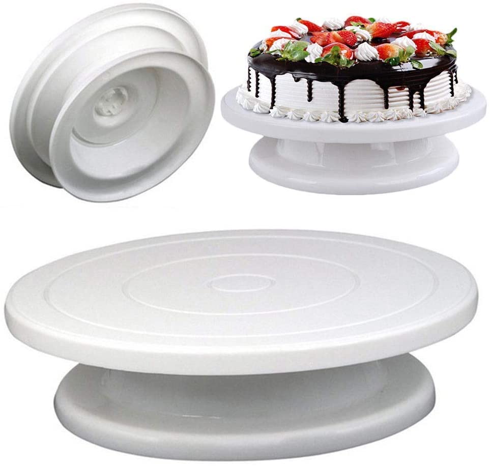 White plastic rotating cake stand for cake decorating